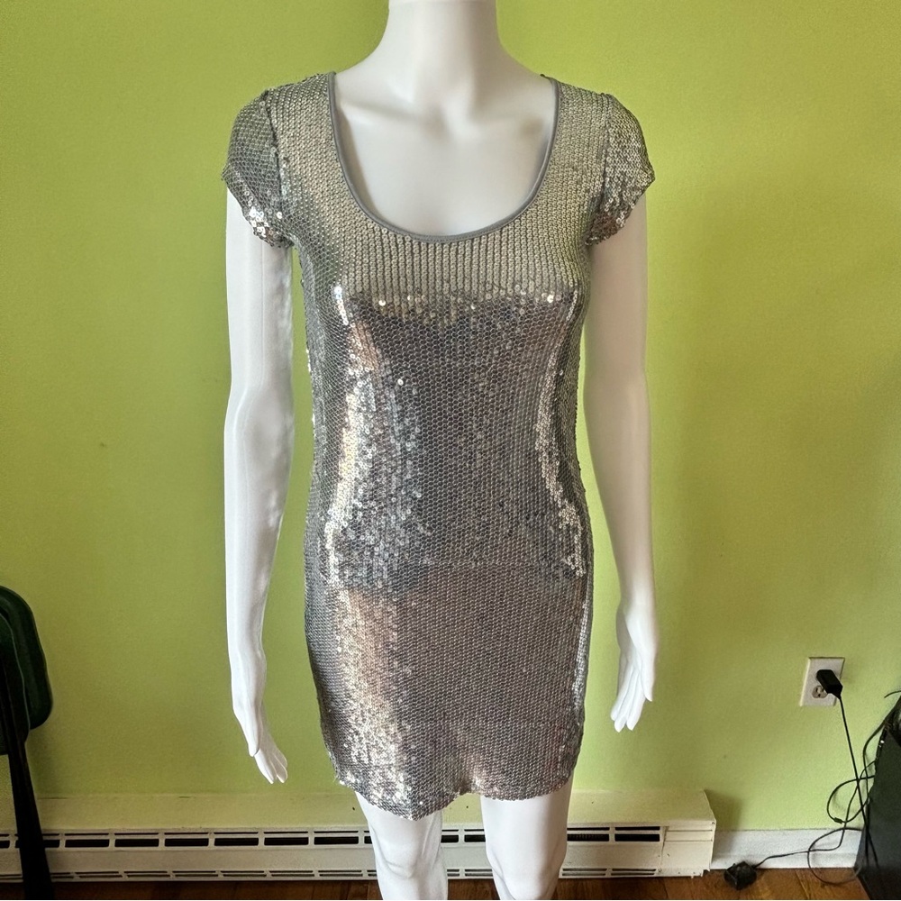 VTG Y2K DEMANDING BY SAY WHAT SILVER SEQUIN DRESS SZ MEDIUM CYBER CLUB FESTIVAL